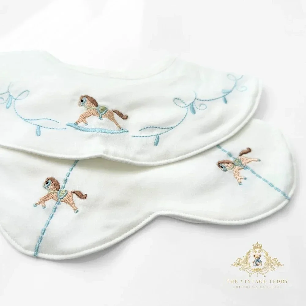 NWT Lovely Boutique Embroidered Baby Bibs Rocking /Carousel Horse & Toy Gift Set